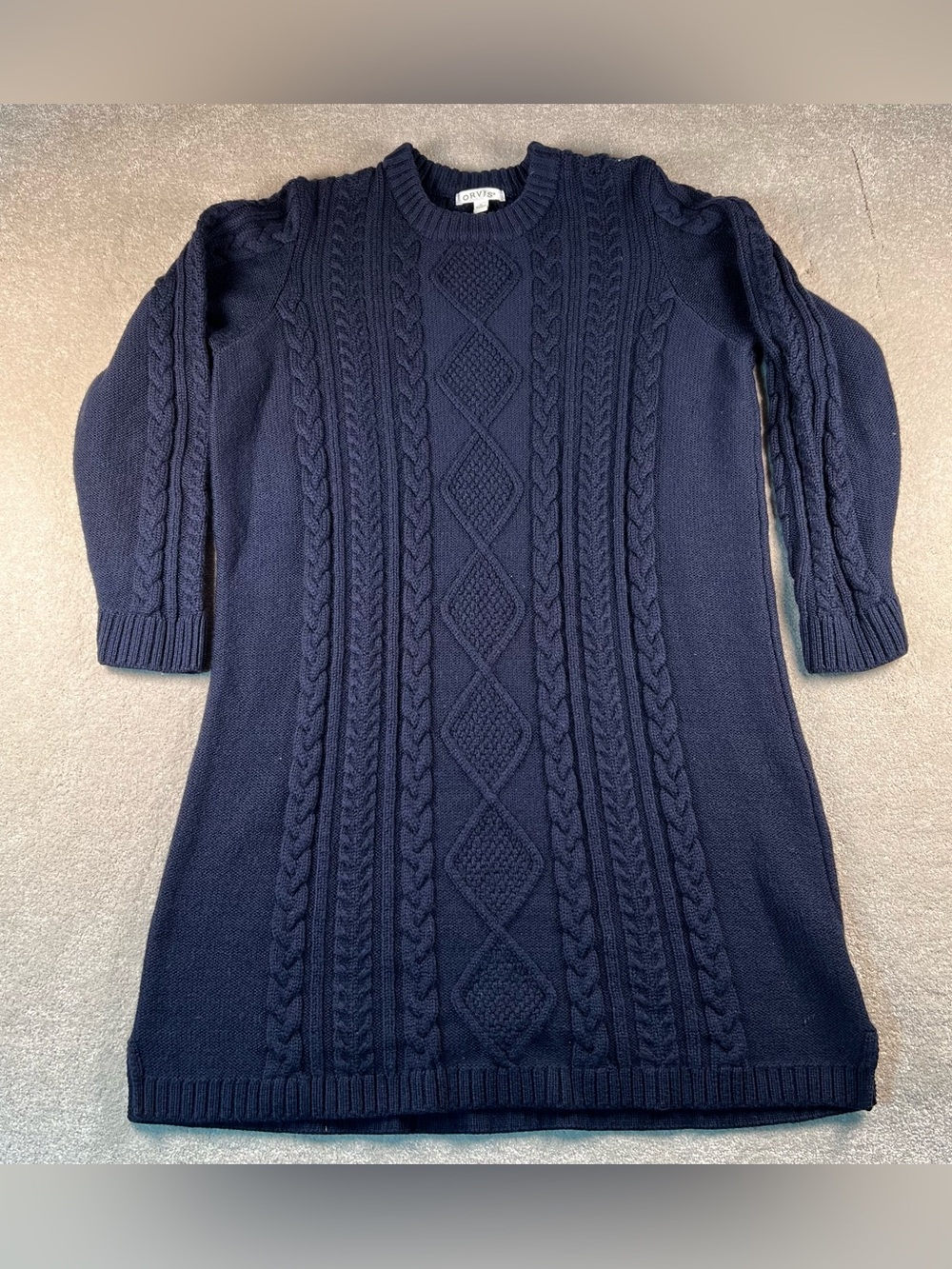 Orvis Sweater Dress Wool Navy Blue Cable Knit Long Sleeve Crew Chunky Womens XL